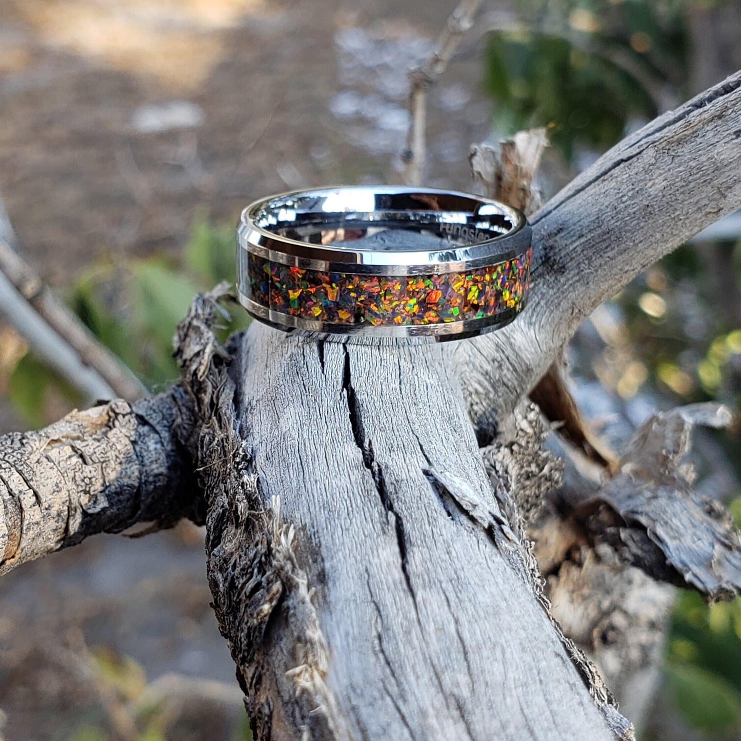 Inferno Ring - Orange Opal Crystal Inlay, Tungsten Titanium Ceramic, Men Women, Wedding Ring, His Hers Promise, Engagement Ring 8mm 6mm