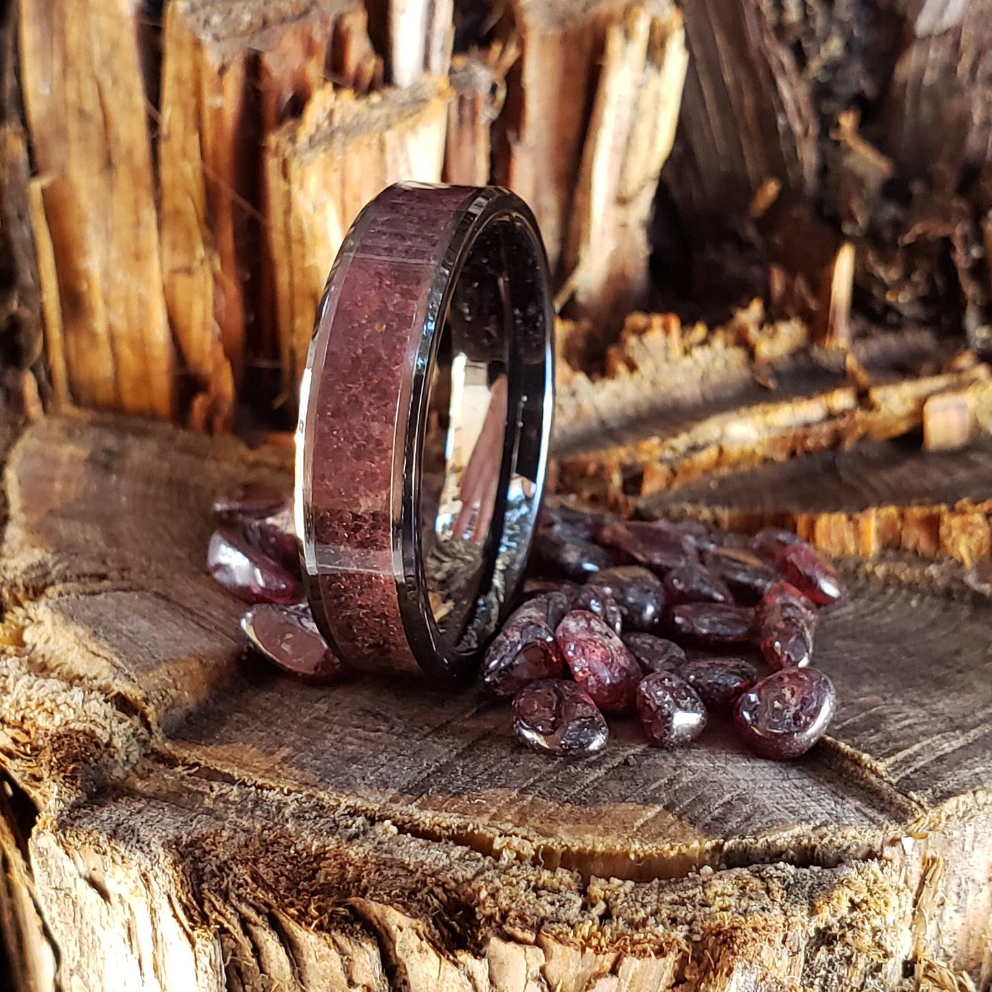 Red Midnight - Garnet Crystal Inlay Ring, Tungsten Titanium Ceramic Band, Men & Women, Wedding Ring, His Hers Promise Ring, Engagement Ring