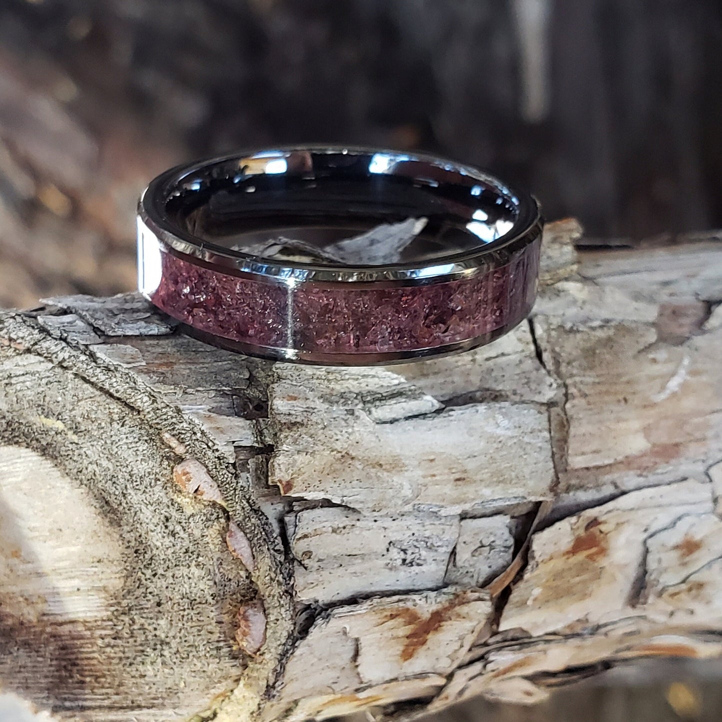 Red Midnight - Garnet Crystal Inlay Ring, Tungsten Titanium Ceramic Band, Men & Women, Wedding Ring, His Hers Promise Ring, Engagement Ring
