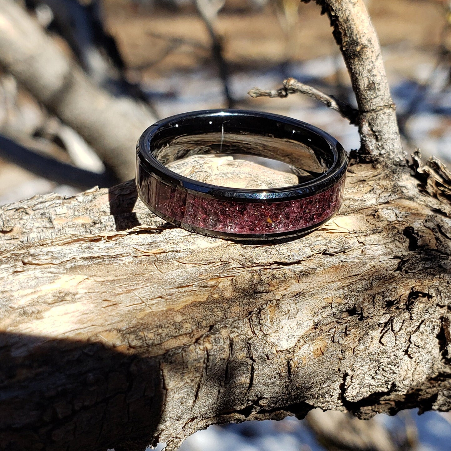 Red Midnight - Garnet Crystal Inlay Ring, Tungsten Titanium Ceramic Band, Men & Women, Wedding Ring, His Hers Promise Ring, Engagement Ring