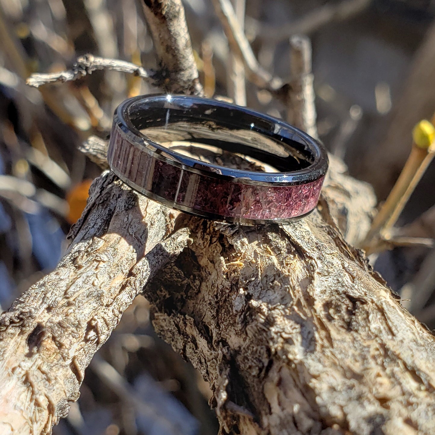 Red Midnight - Garnet Crystal Inlay Ring, Tungsten Titanium Ceramic Band, Men & Women, Wedding Ring, His Hers Promise Ring, Engagement Ring