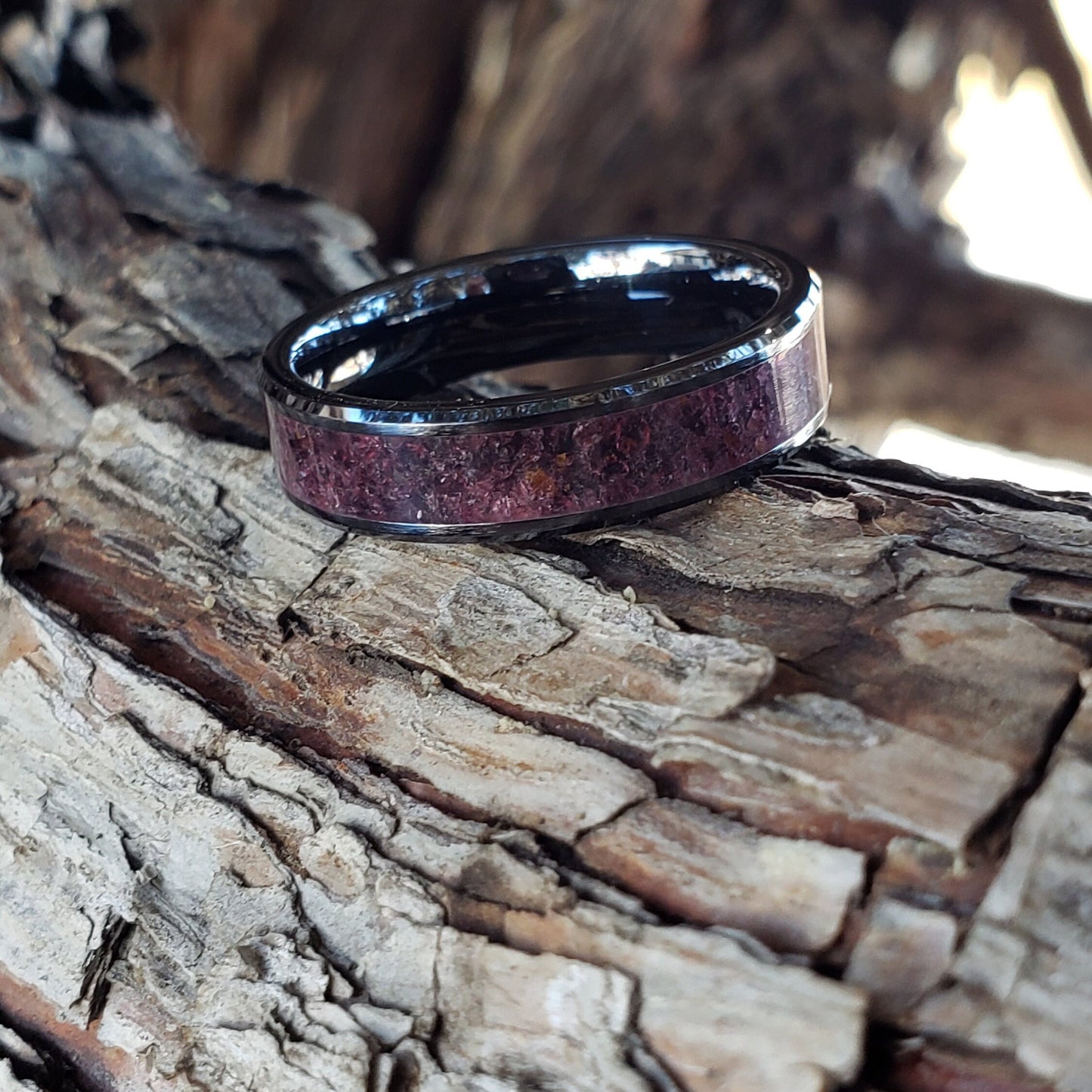 Red Midnight - Garnet Crystal Inlay Ring, Tungsten Titanium Ceramic Band, Men & Women, Wedding Ring, His Hers Promise Ring, Engagement Ring