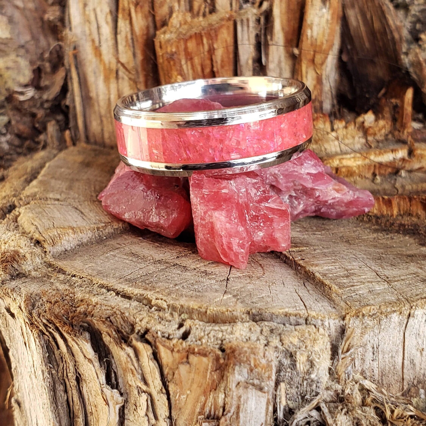 Wild Rose Ring - Rhodonite Crystal Inlay, Tungsten Titanium Ceramic, Men Women, Wedding Ring, His Hers Promise, Engagement Rings 8mm 6mm