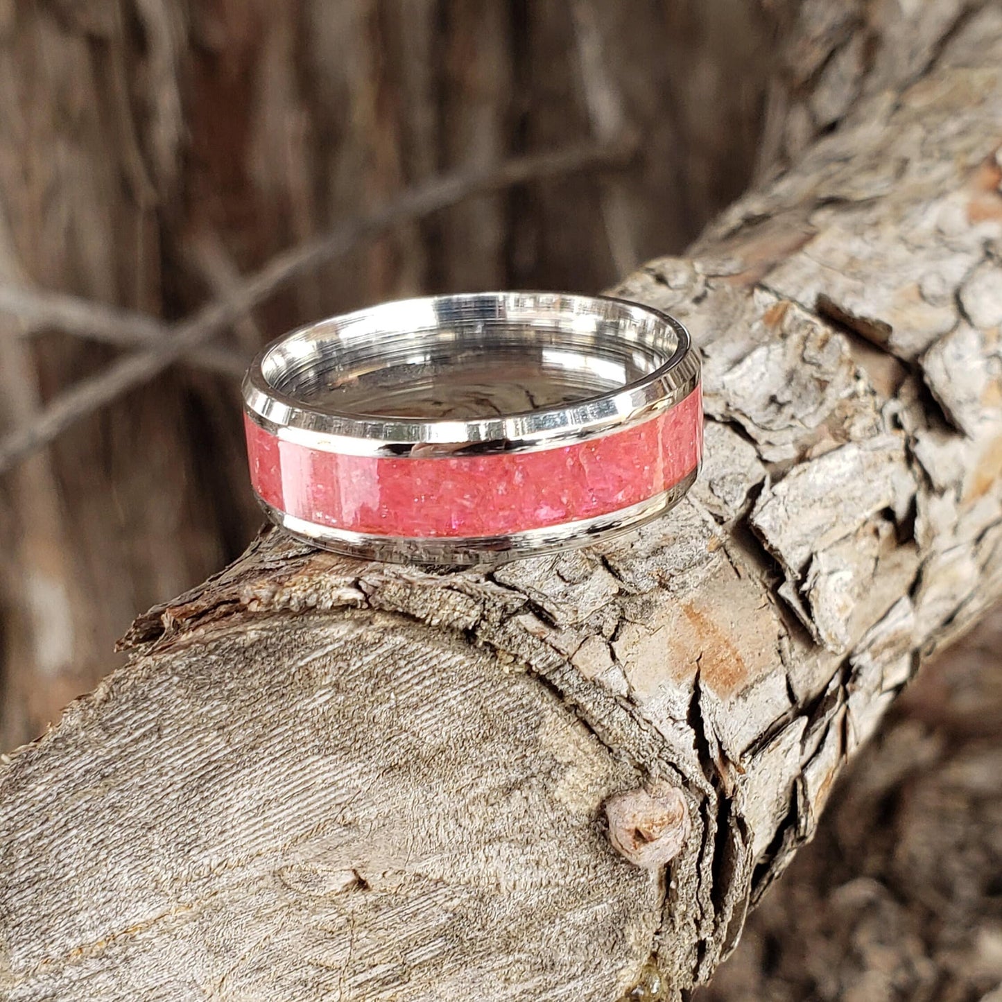 Wild Rose Ring - Rhodonite Crystal Inlay, Tungsten Titanium Ceramic, Men Women, Wedding Ring, His Hers Promise, Engagement Rings 8mm 6mm