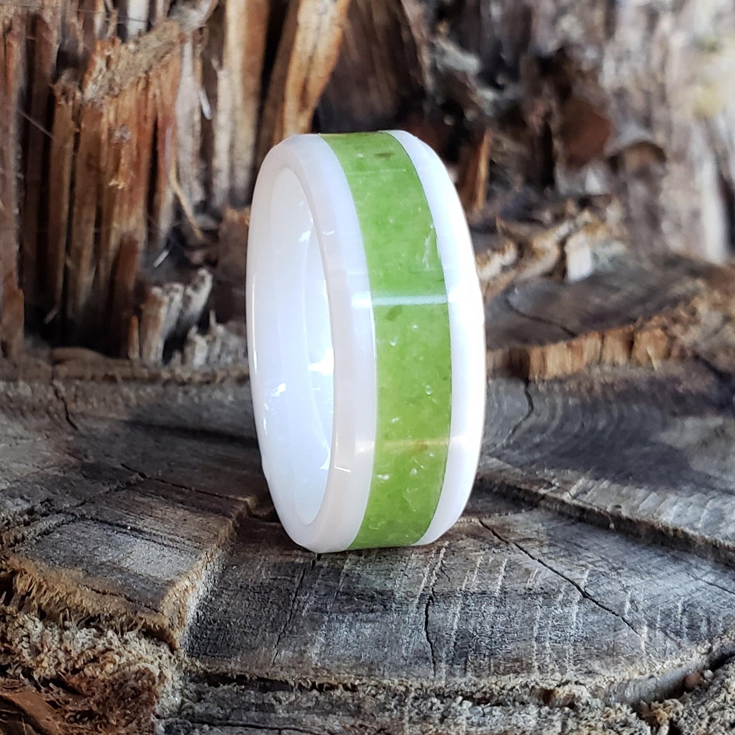 Hawaiian Snow Ring - Peridot Crystal Inlay, Tungsten Titanium Ceramic, Men Women, Wedding Ring, His Hers Promise, Engagement Ring 8mm 6mm