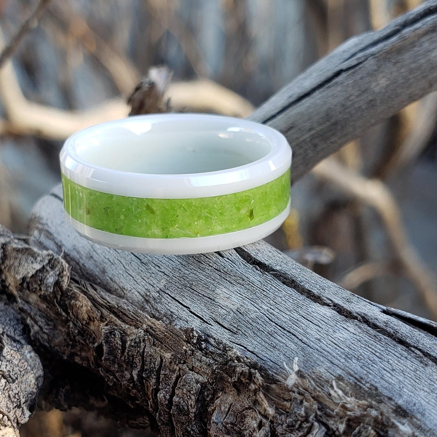Hawaiian Snow Ring - Peridot Crystal Inlay, Tungsten Titanium Ceramic, Men Women, Wedding Ring, His Hers Promise, Engagement Ring 8mm 6mm