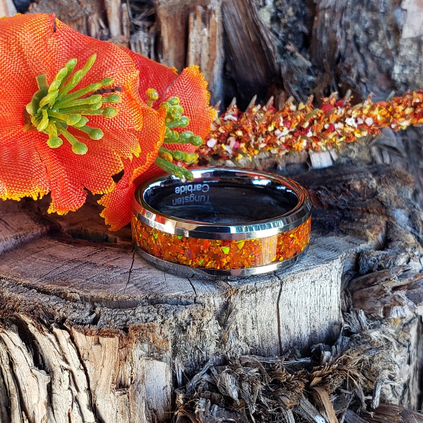 Monarch Ring - Orange Opal Crystal Inlay, Tungsten Titanium Ceramic, Men Women, Wedding Ring, His Hers Promise, Engagement Ring 8mm 6mm