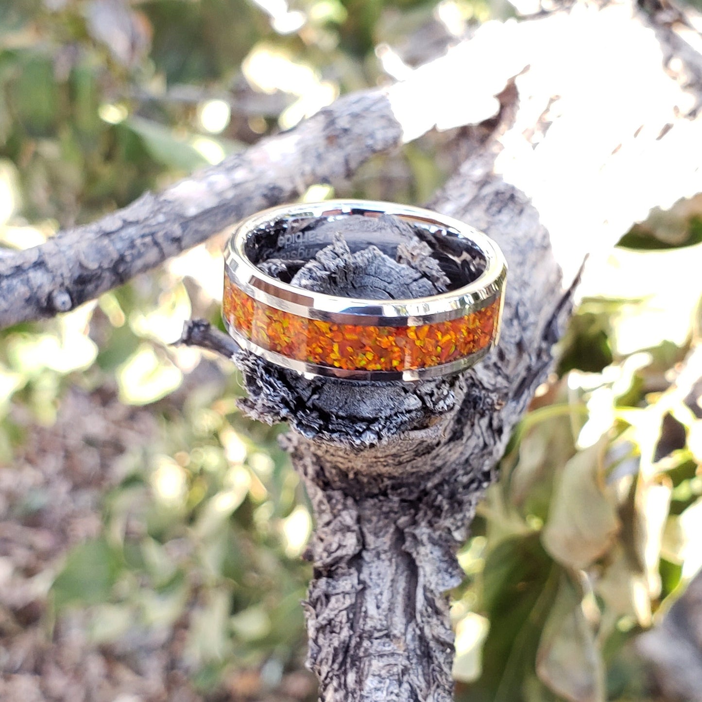 Monarch Ring - Orange Opal Crystal Inlay, Tungsten Titanium Ceramic, Men Women, Wedding Ring, His Hers Promise, Engagement Ring 8mm 6mm