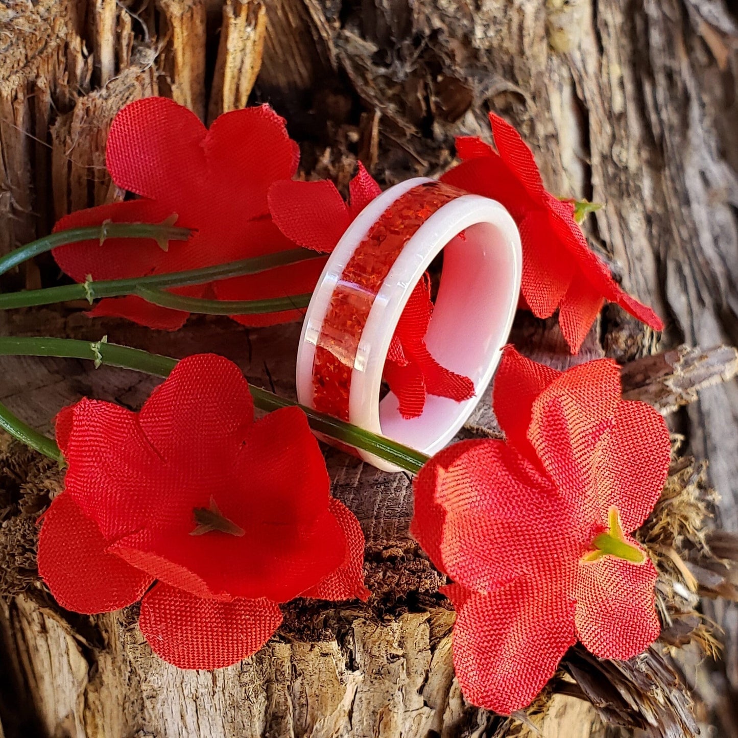 Crimson Ring - Red Opal Crystal Inlay, Tungsten Titanium Ceramic, Men Women, Wedding Ring, His Hers Promise, Engagement Ring 8mm 6mm