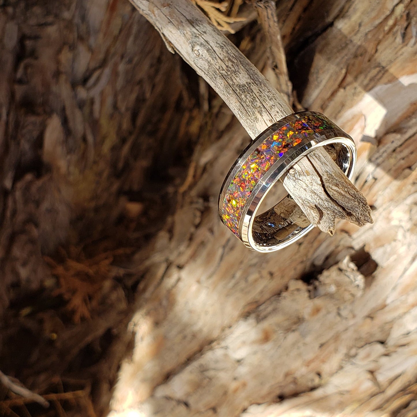 Inferno Ring - Orange Opal Crystal Inlay, Tungsten Titanium Ceramic, Men Women, Wedding Ring, His Hers Promise, Engagement Ring 8mm 6mm
