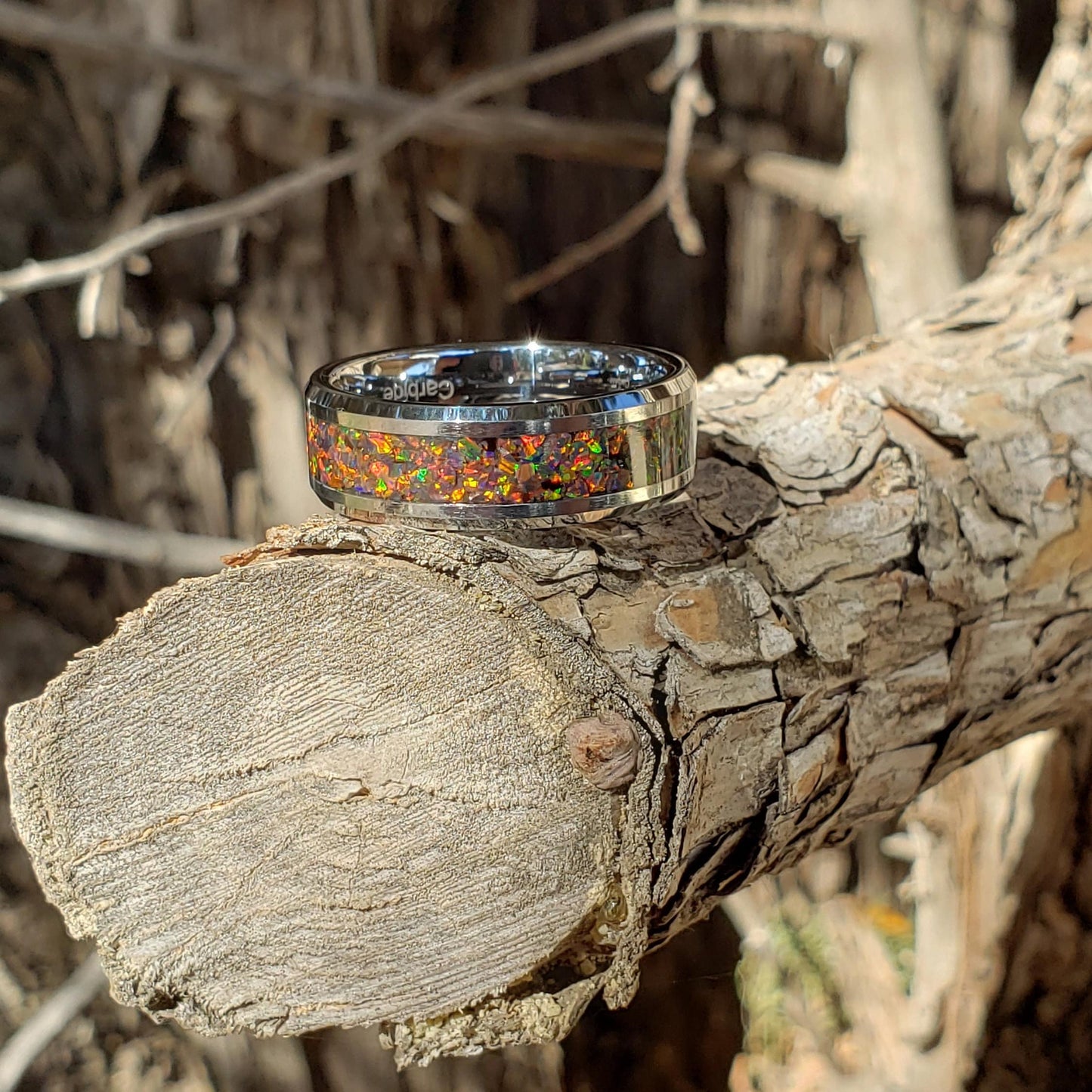 Inferno Ring - Orange Opal Crystal Inlay, Tungsten Titanium Ceramic, Men Women, Wedding Ring, His Hers Promise, Engagement Ring 8mm 6mm