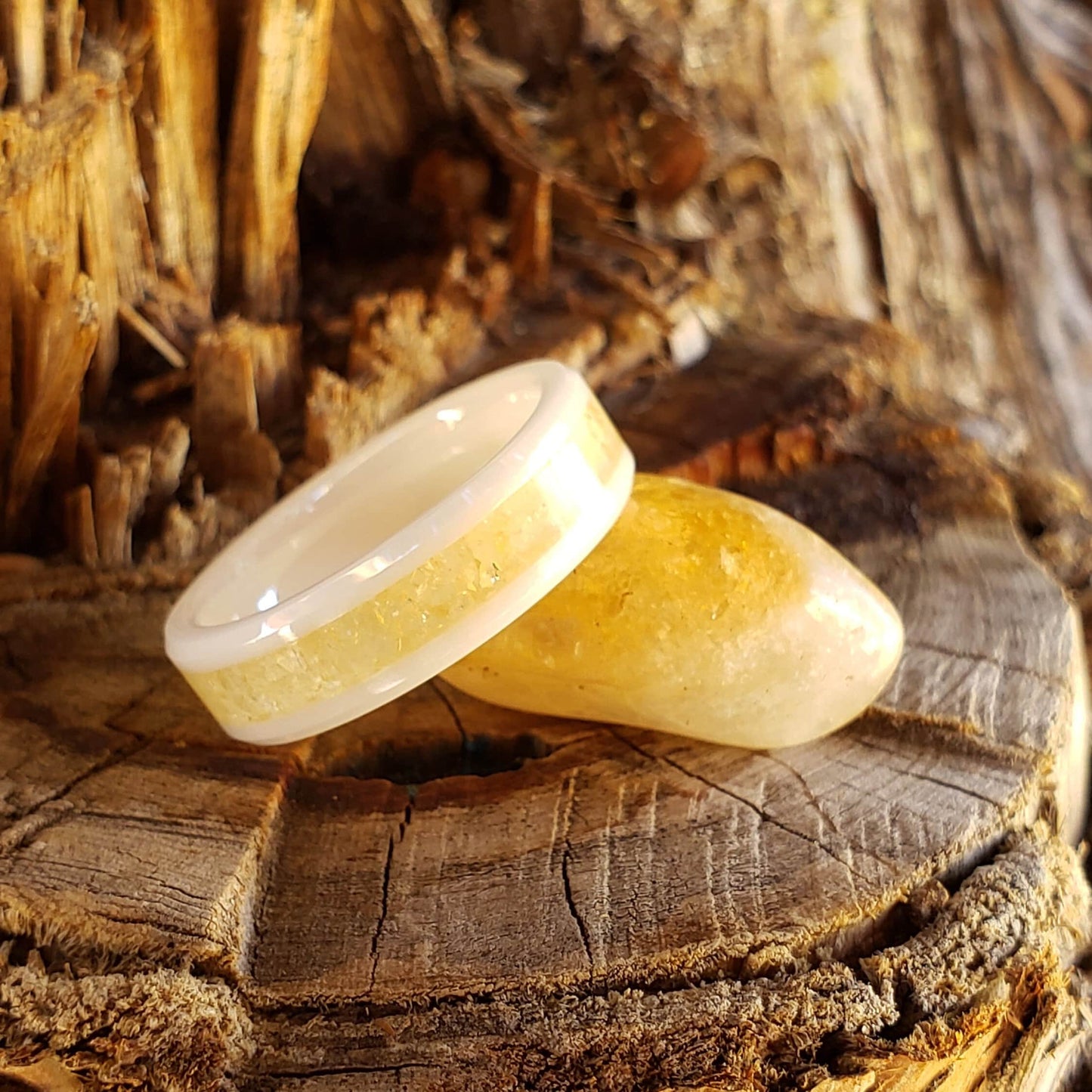 Snow Aura Ring - Citrine Crystal Inlay, Tungsten Titanium Ceramic, Men Women, Wedding Ring, His Hers Promise, Engagement Ring 8mm 6mm