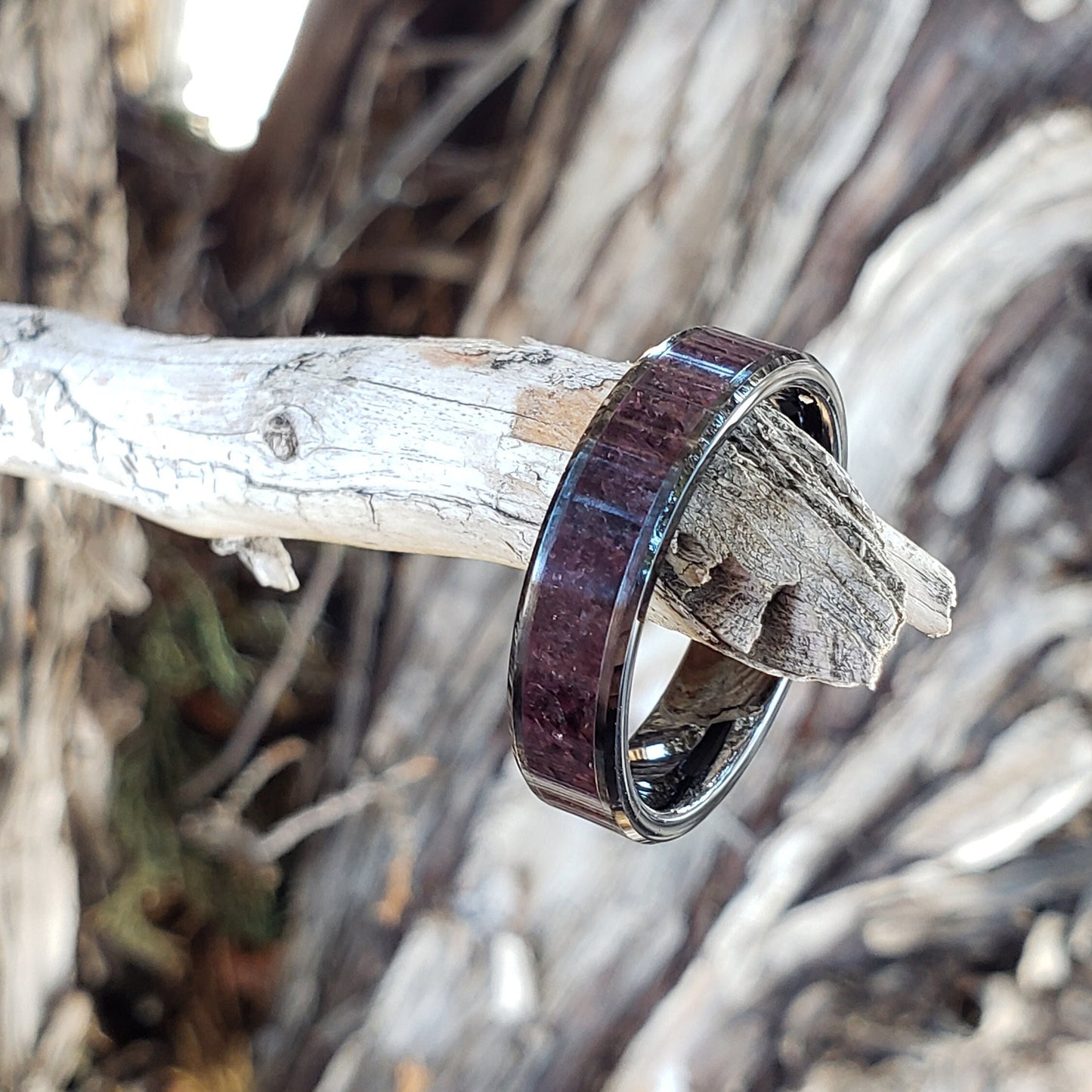 Red Midnight - Garnet Crystal Inlay Ring, Tungsten Titanium Ceramic Band, Men & Women, Wedding Ring, His Hers Promise Ring, Engagement Ring