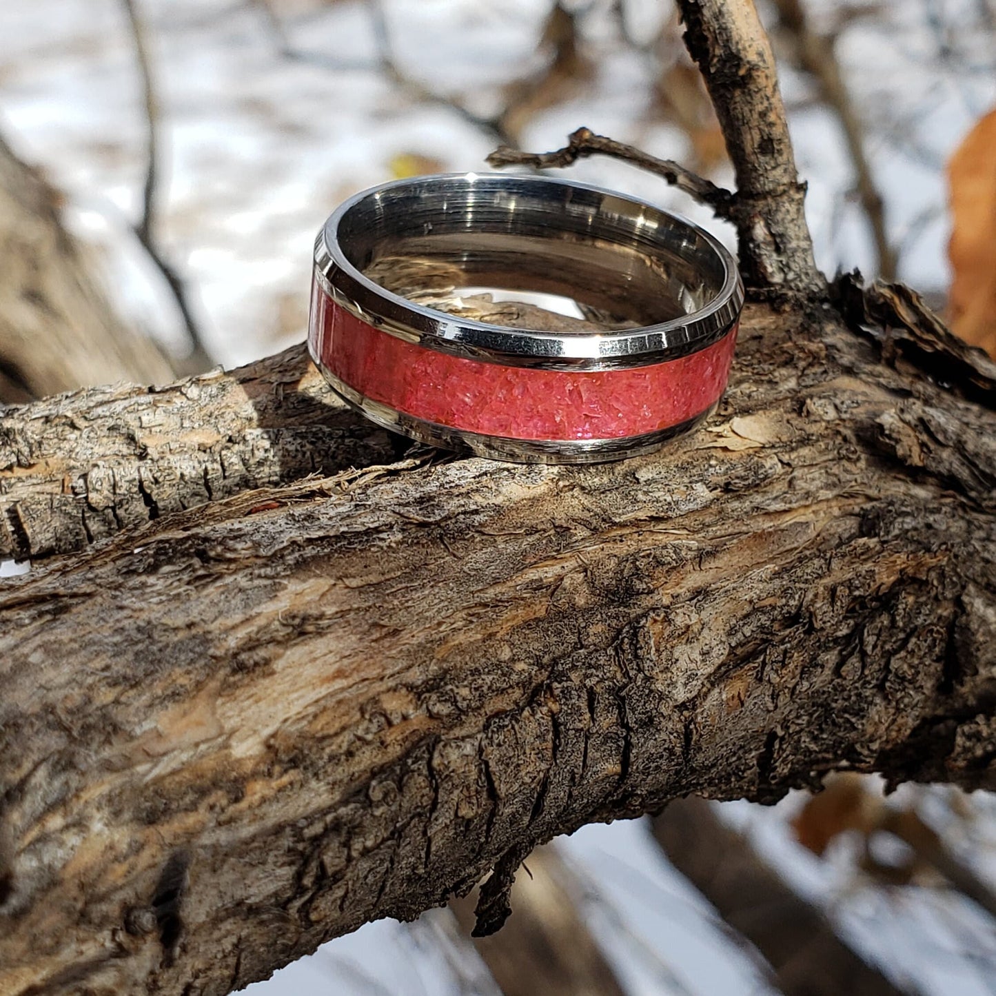 Wild Rose Ring - Rhodonite Crystal Inlay, Tungsten Titanium Ceramic, Men Women, Wedding Ring, His Hers Promise, Engagement Rings 8mm 6mm