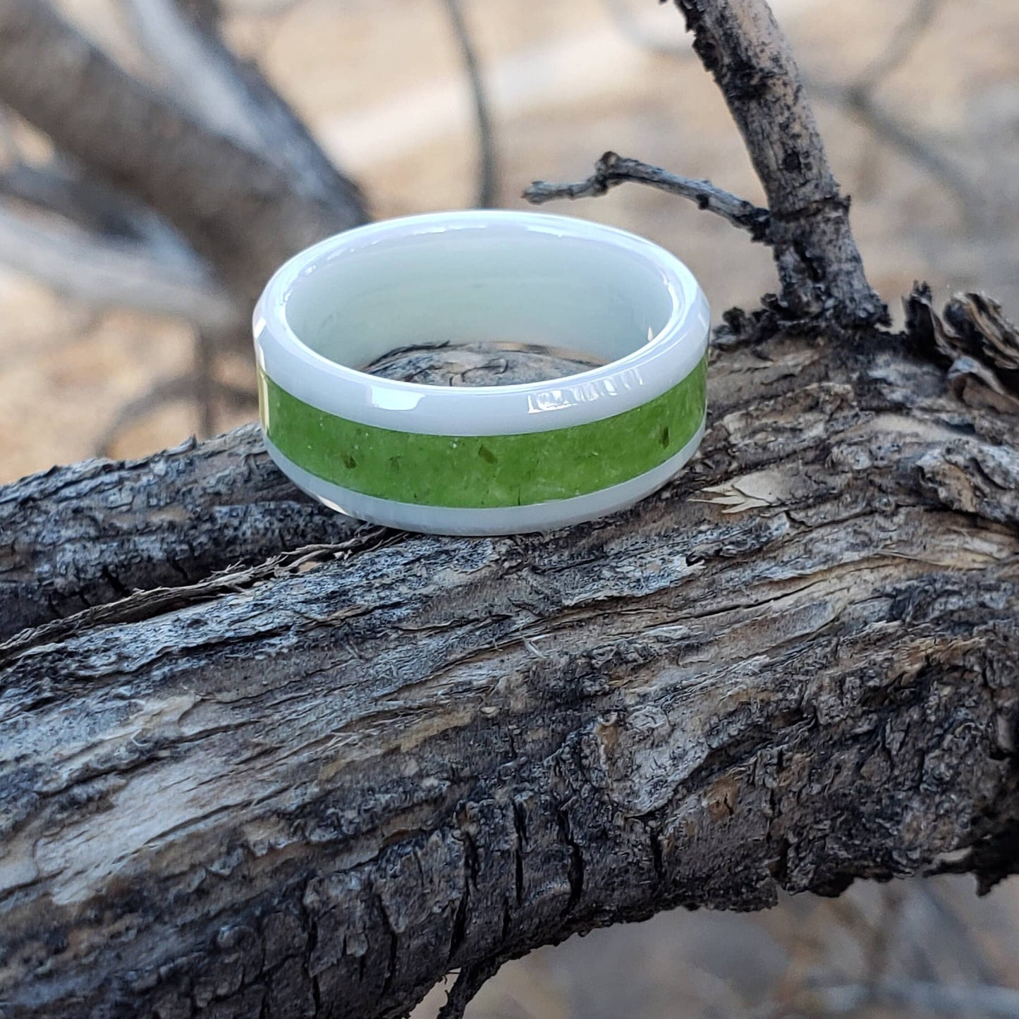 Hawaiian Snow Ring - Peridot Crystal Inlay, Tungsten Titanium Ceramic, Men Women, Wedding Ring, His Hers Promise, Engagement Ring 8mm 6mm