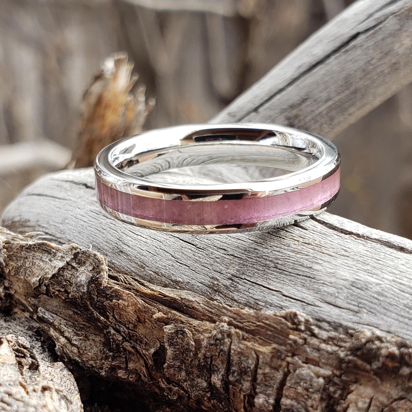 Pure Love Ring - Rose Quartz Stacking Crystal Inlay, Tungsten Titanium Ceramic, Men Women, Wedding, His Hers Promise, Engagement Ring 4mm