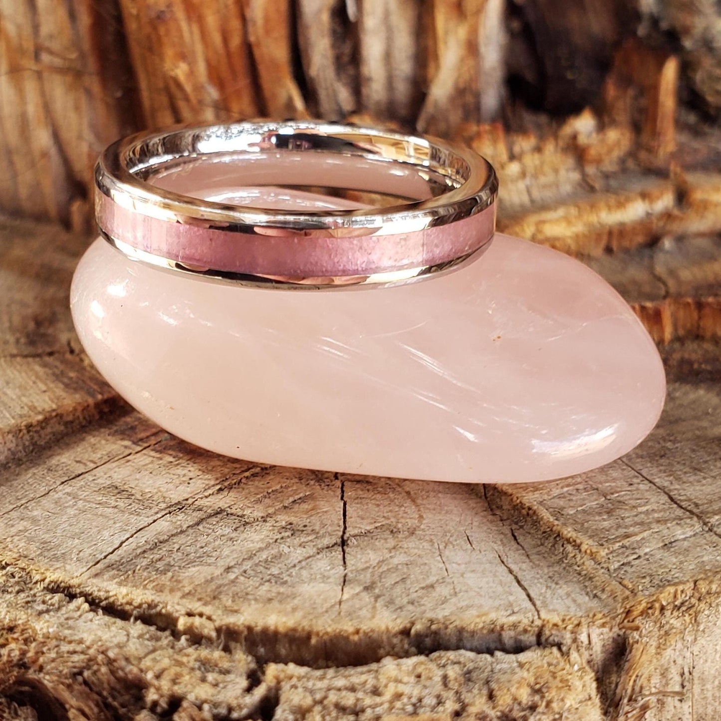 Pure Love Ring - Rose Quartz Stacking Crystal Inlay, Tungsten Titanium Ceramic, Men Women, Wedding, His Hers Promise, Engagement Ring 4mm