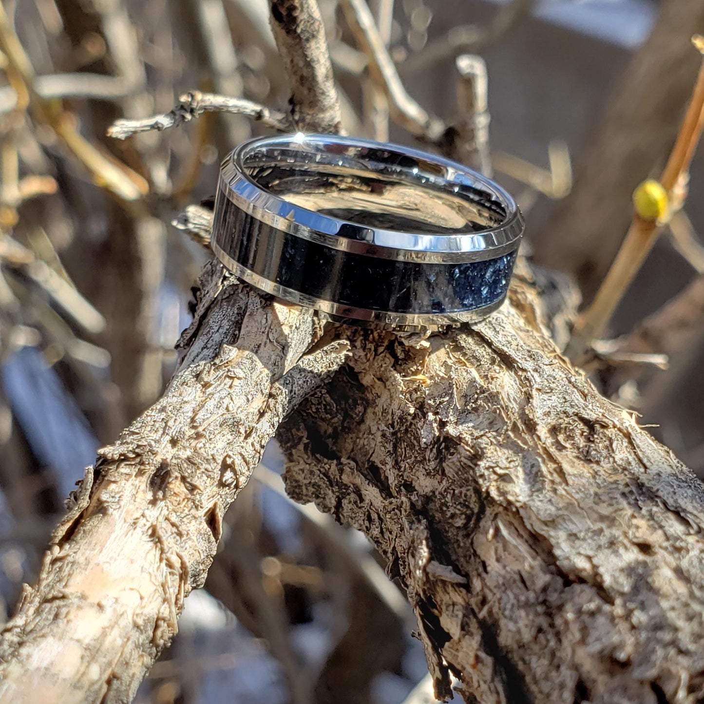 Reaper Ring - Vivianite Crystal Inlay Ring, Tungsten Titanium Ceramic, Men Women, Wedding Ring, His Hers Promise, Engagement Rings 8mm 6mm