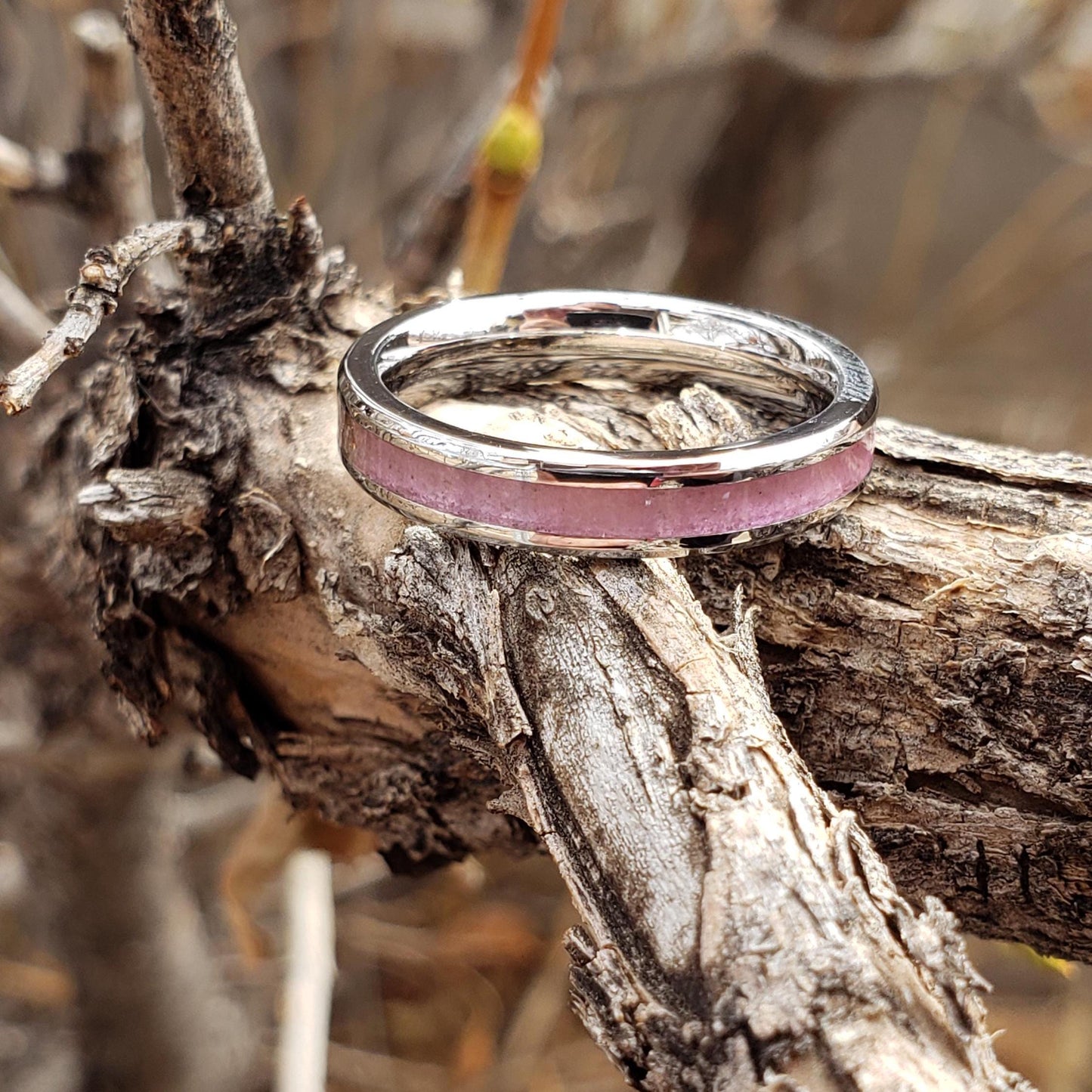 Pure Love Ring - Rose Quartz Stacking Crystal Inlay, Tungsten Titanium Ceramic, Men Women, Wedding, His Hers Promise, Engagement Ring 4mm