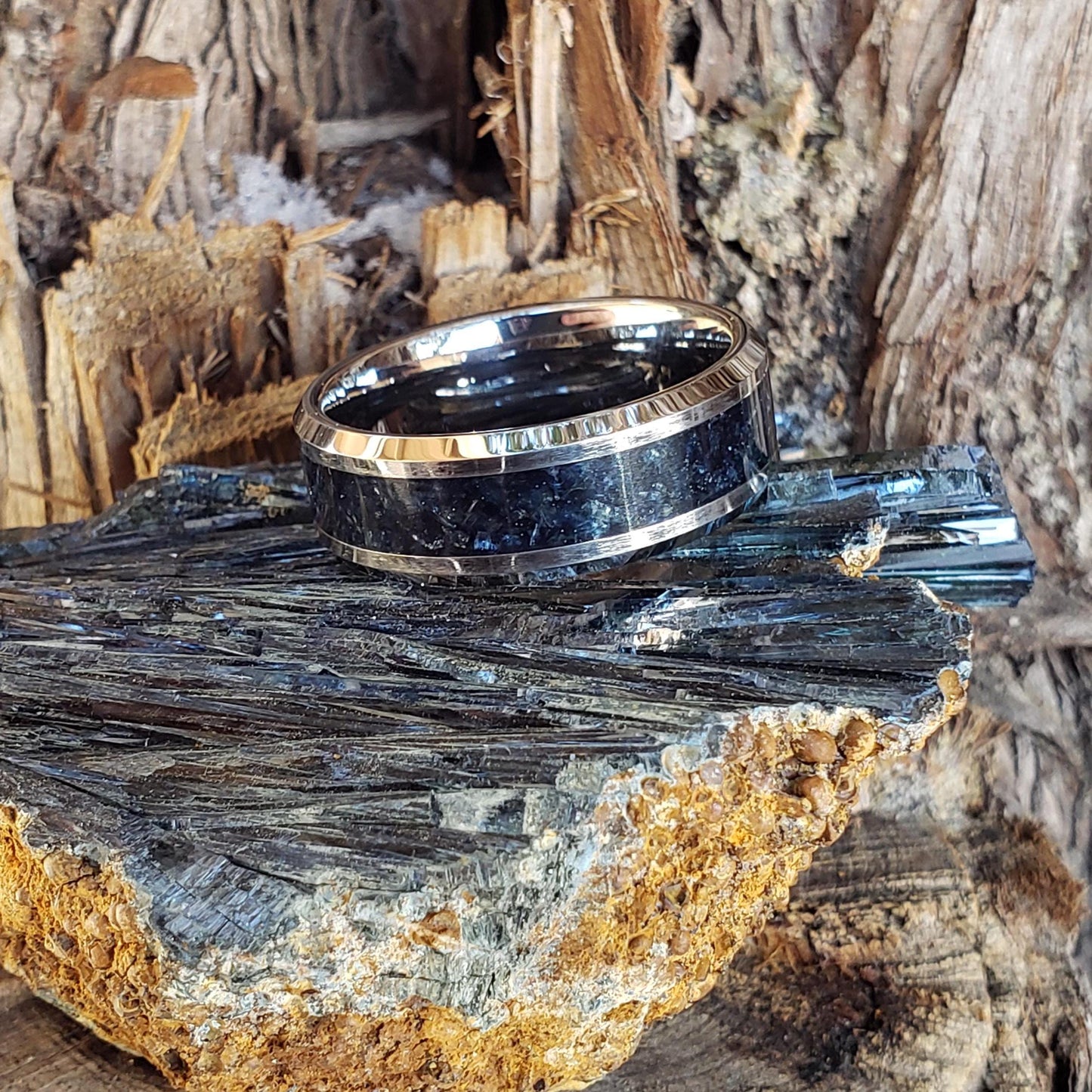 Reaper Ring - Vivianite Crystal Inlay Ring, Tungsten Titanium Ceramic, Men Women, Wedding Ring, His Hers Promise, Engagement Rings 8mm 6mm