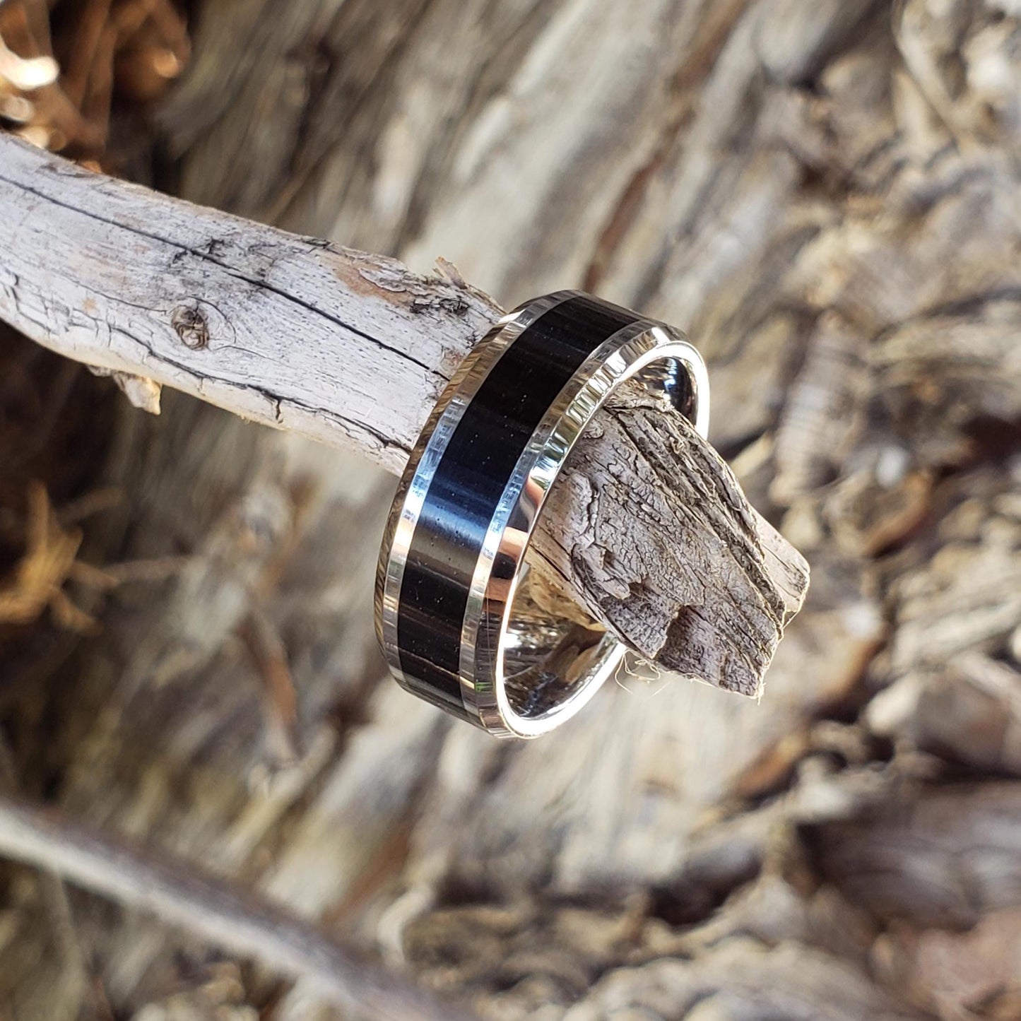 Guardian Ring - Black Tourmaline Crystal Inlay, Tungsten Titanium Ceramic, Men Women, Wedding Ring, His Hers Promise, Engagement 8mm 6mm