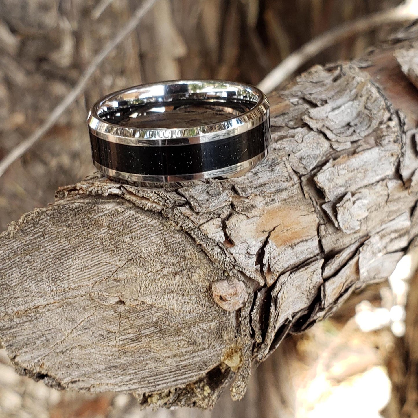 Guardian Ring - Black Tourmaline Crystal Inlay, Tungsten Titanium Ceramic, Men Women, Wedding Ring, His Hers Promise, Engagement 8mm 6mm