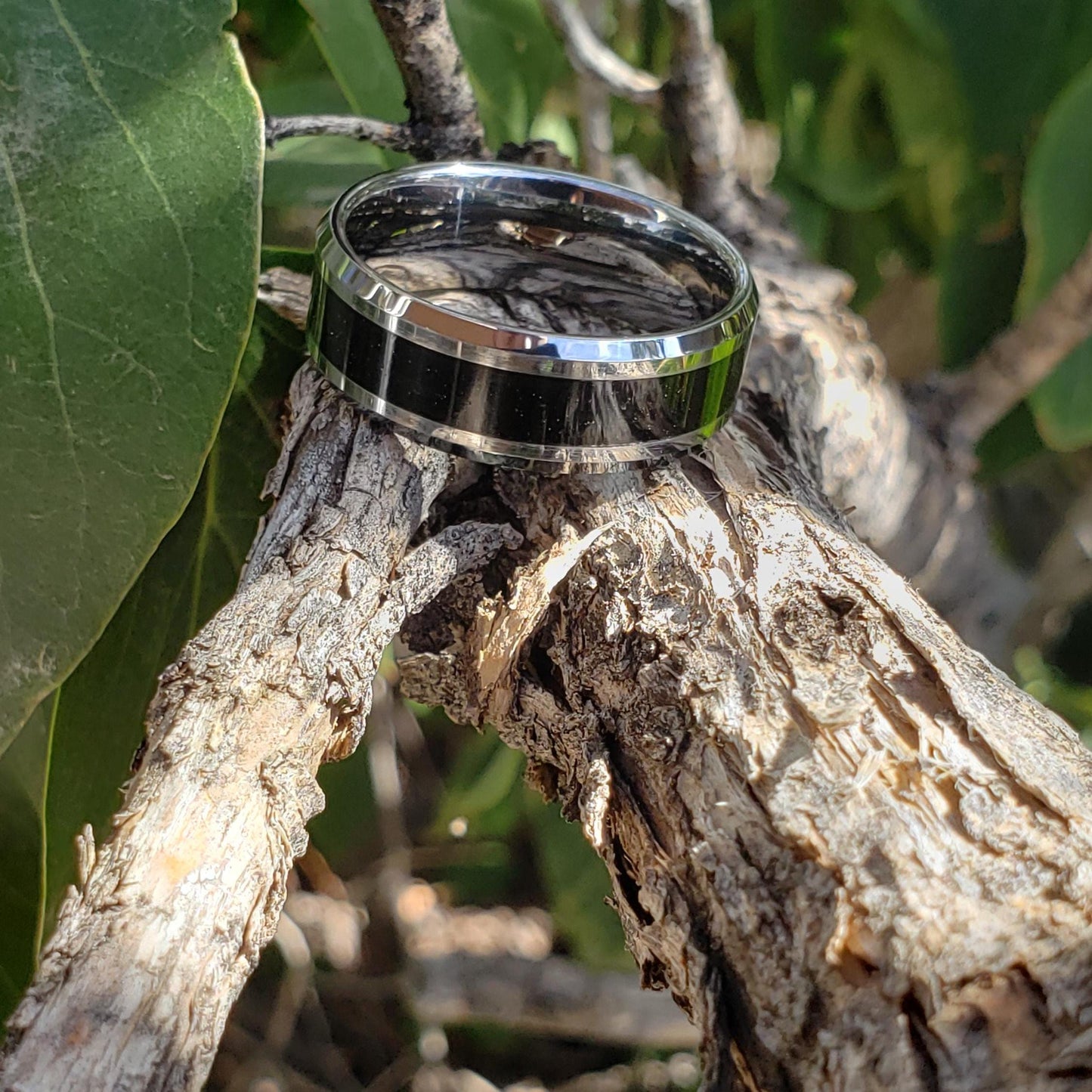 Guardian Ring - Black Tourmaline Crystal Inlay, Tungsten Titanium Ceramic, Men Women, Wedding Ring, His Hers Promise, Engagement 8mm 6mm