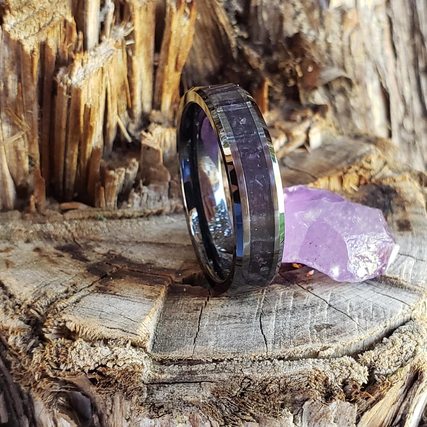 Dark Serenity Ring - Amethyst Crystal Inlay, Tungsten Titanium Ceramic, Men Women, Wedding Ring, His Hers Promise, Engagement Ring 8mm 6mm