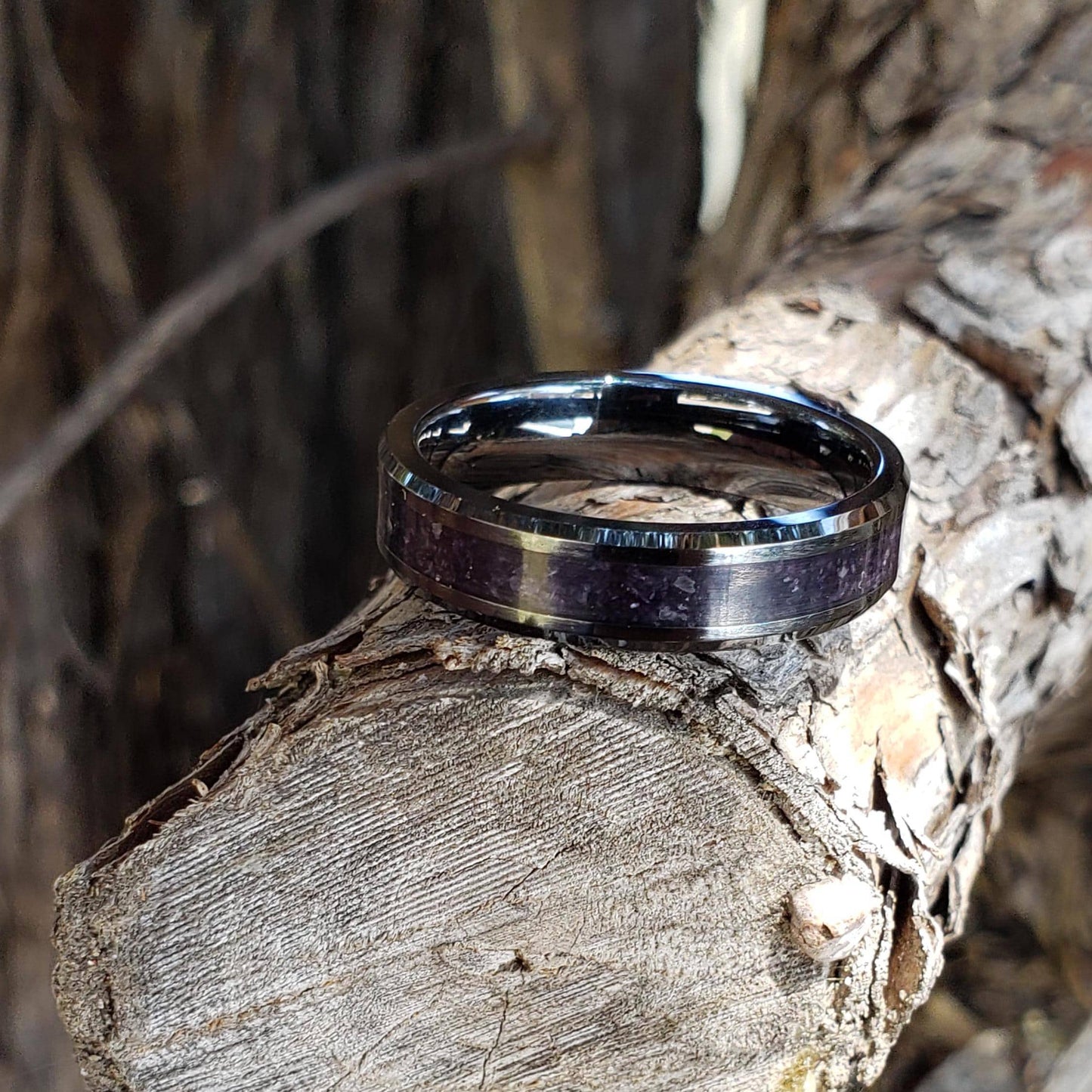 Dark Serenity Ring - Amethyst Crystal Inlay, Tungsten Titanium Ceramic, Men Women, Wedding Ring, His Hers Promise, Engagement Ring 8mm 6mm