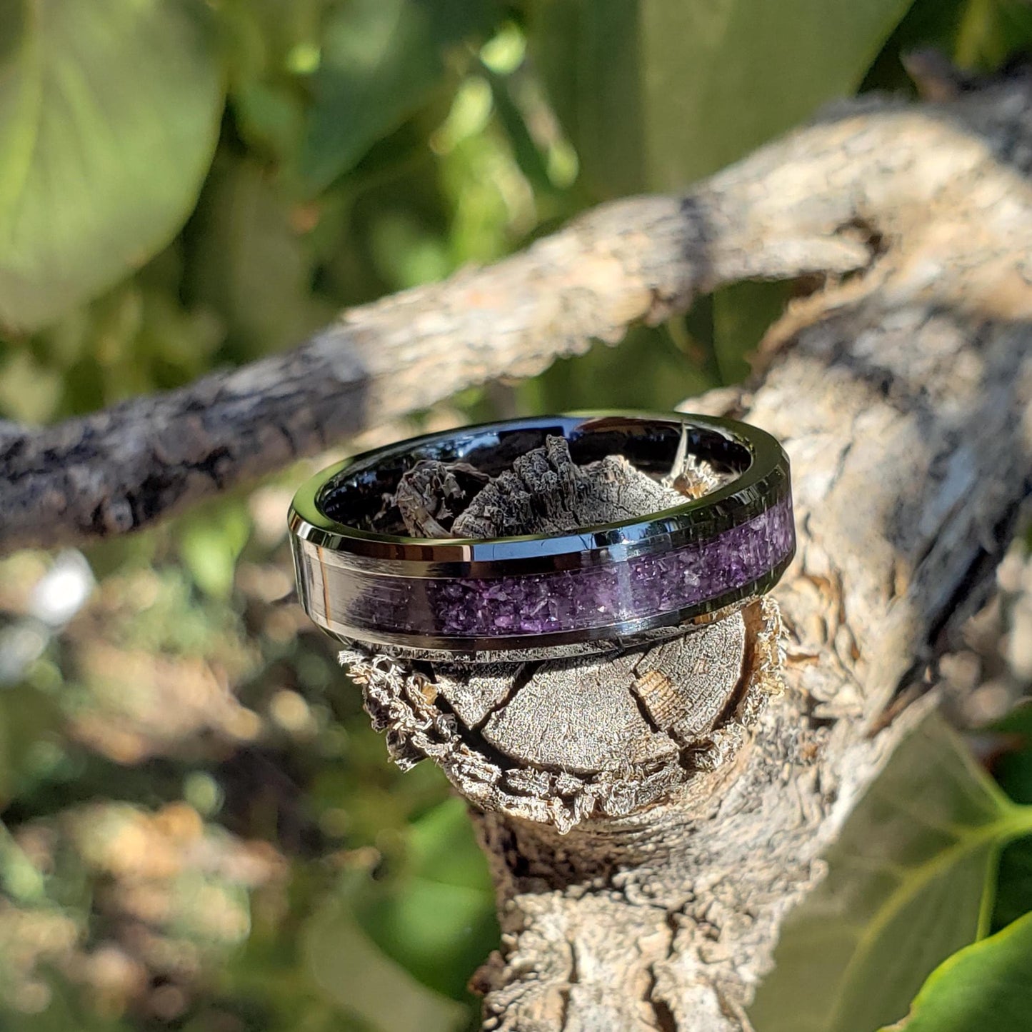 Dark Serenity Ring - Amethyst Crystal Inlay, Tungsten Titanium Ceramic, Men Women, Wedding Ring, His Hers Promise, Engagement Ring 8mm 6mm