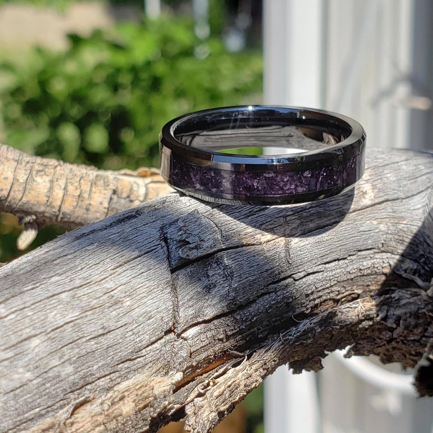 Dark Serenity Ring - Amethyst Crystal Inlay, Tungsten Titanium Ceramic, Men Women, Wedding Ring, His Hers Promise, Engagement Ring 8mm 6mm