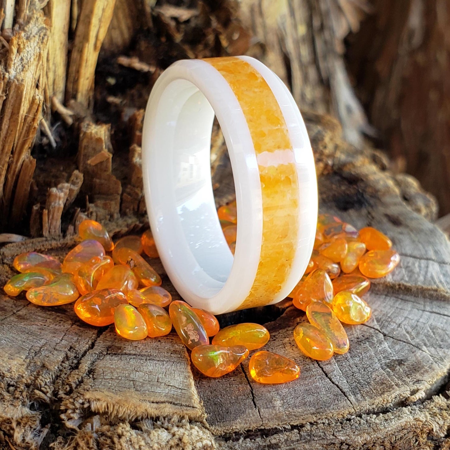 Sunfire Ring - Orange Opal Crystal Inlay, Tungsten Titanium Ceramic, Men Women, Wedding Ring, His Hers Promise, Engagement Ring 8mm 6mm