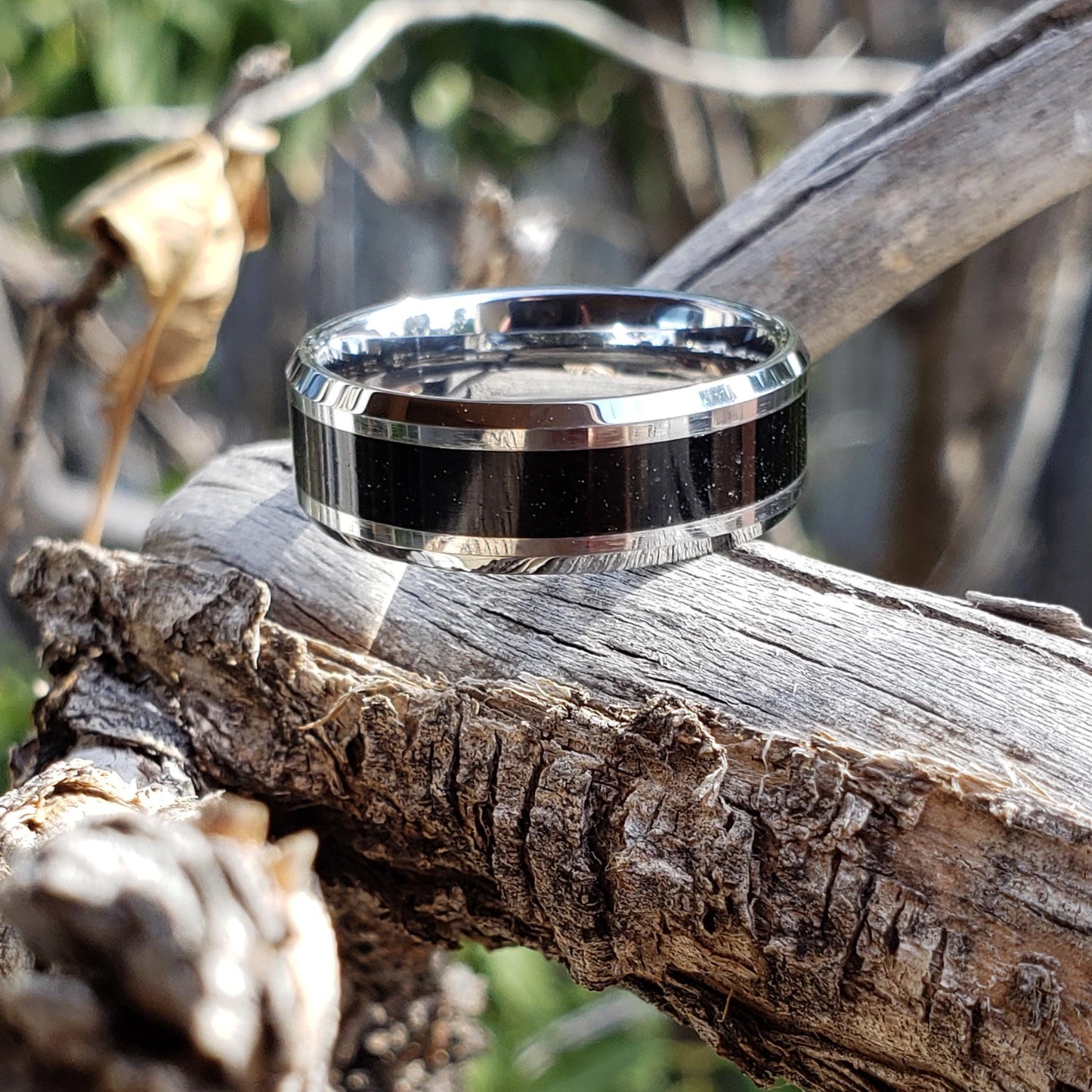 Guardian Ring - Black Tourmaline Crystal Inlay, Tungsten Titanium Ceramic, Men Women, Wedding Ring, His Hers Promise, Engagement 8mm 6mm