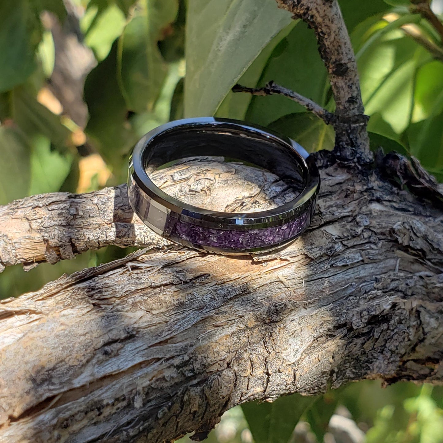 Dark Serenity Ring - Amethyst Crystal Inlay, Tungsten Titanium Ceramic, Men Women, Wedding Ring, His Hers Promise, Engagement Ring 8mm 6mm