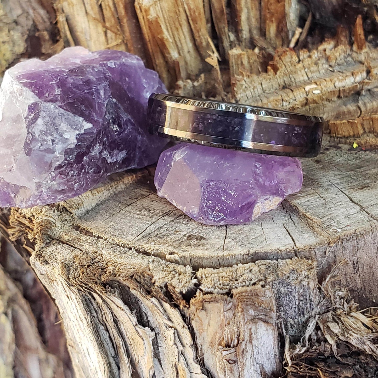 Dark Serenity Ring - Amethyst Crystal Inlay, Tungsten Titanium Ceramic, Men Women, Wedding Ring, His Hers Promise, Engagement Ring 8mm 6mm