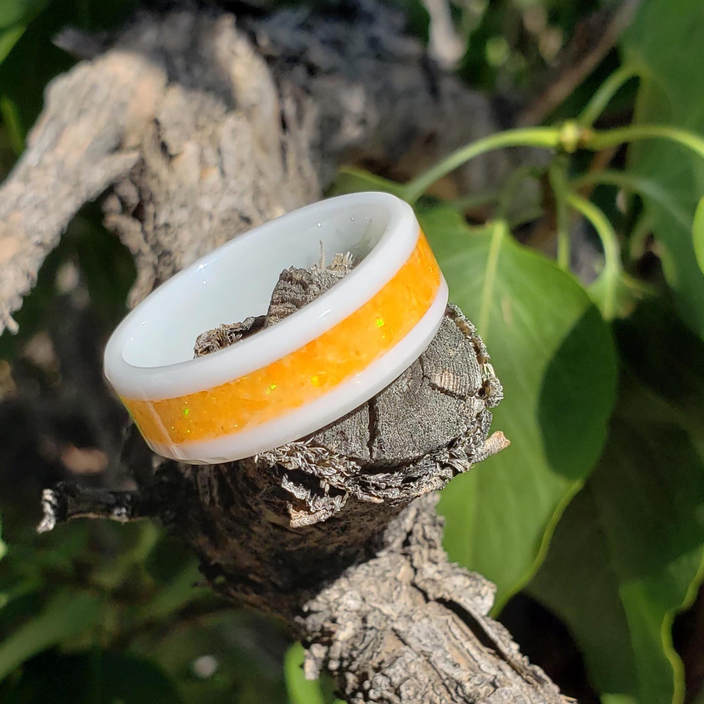 Sunfire Ring - Orange Opal Crystal Inlay, Tungsten Titanium Ceramic, Men Women, Wedding Ring, His Hers Promise, Engagement Ring 8mm 6mm