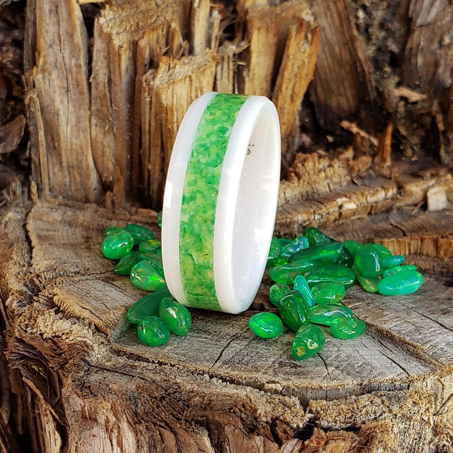 Runefire Ring - Green Opal Crystal Inlay, Tungsten Titanium Ceramic, Men Women, Wedding Ring, His Hers Promise, Engagement Ring 8mm 6mm
