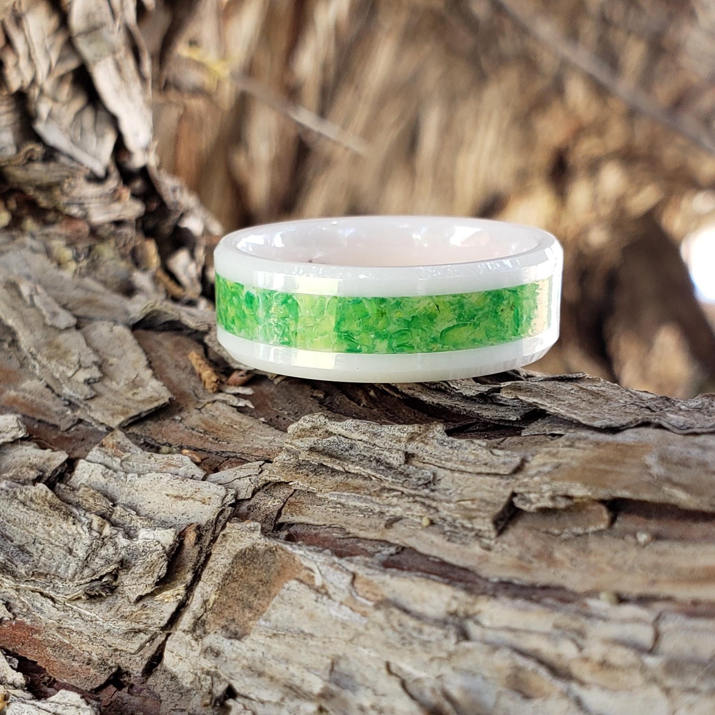 Runefire Ring - Green Opal Crystal Inlay, Tungsten Titanium Ceramic, Men Women, Wedding Ring, His Hers Promise, Engagement Ring 8mm 6mm