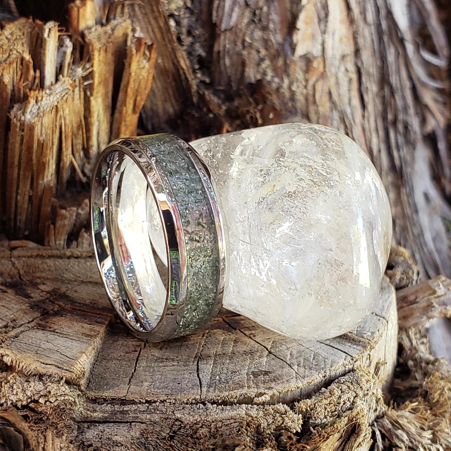 Phantom Ring - Green Phantom Quartz Crystal Inlay, Tungsten Titanium Ceramic, Men Women, Wedding Ring, His Hers Promise, Engagement Ring