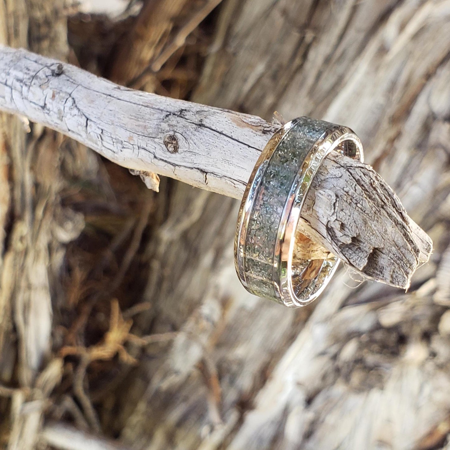 Phantom Ring - Green Phantom Quartz Crystal Inlay, Tungsten Titanium Ceramic, Men Women, Wedding Ring, His Hers Promise, Engagement Ring