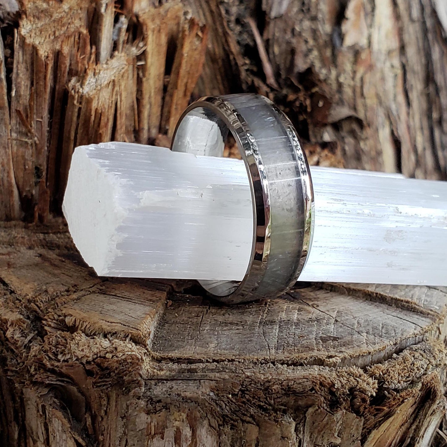 Heavenly Ring - Selenite Crystal Inlay, Tungsten Titanium Ceramic, Men Women, Wedding Ring, His Hers Promise Ring, Engagement Ring, 8mm 6mm