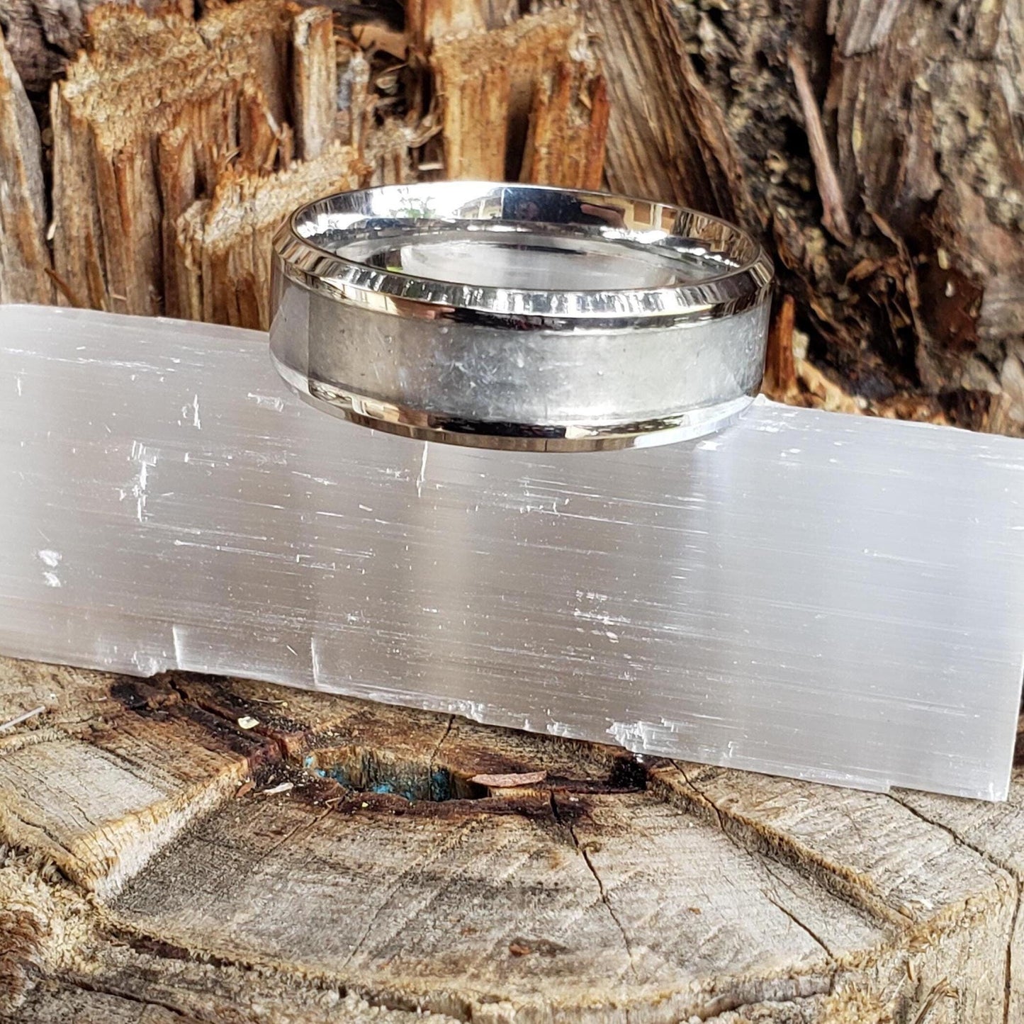 Heavenly Ring - Selenite Crystal Inlay, Tungsten Titanium Ceramic, Men Women, Wedding Ring, His Hers Promise Ring, Engagement Ring, 8mm 6mm