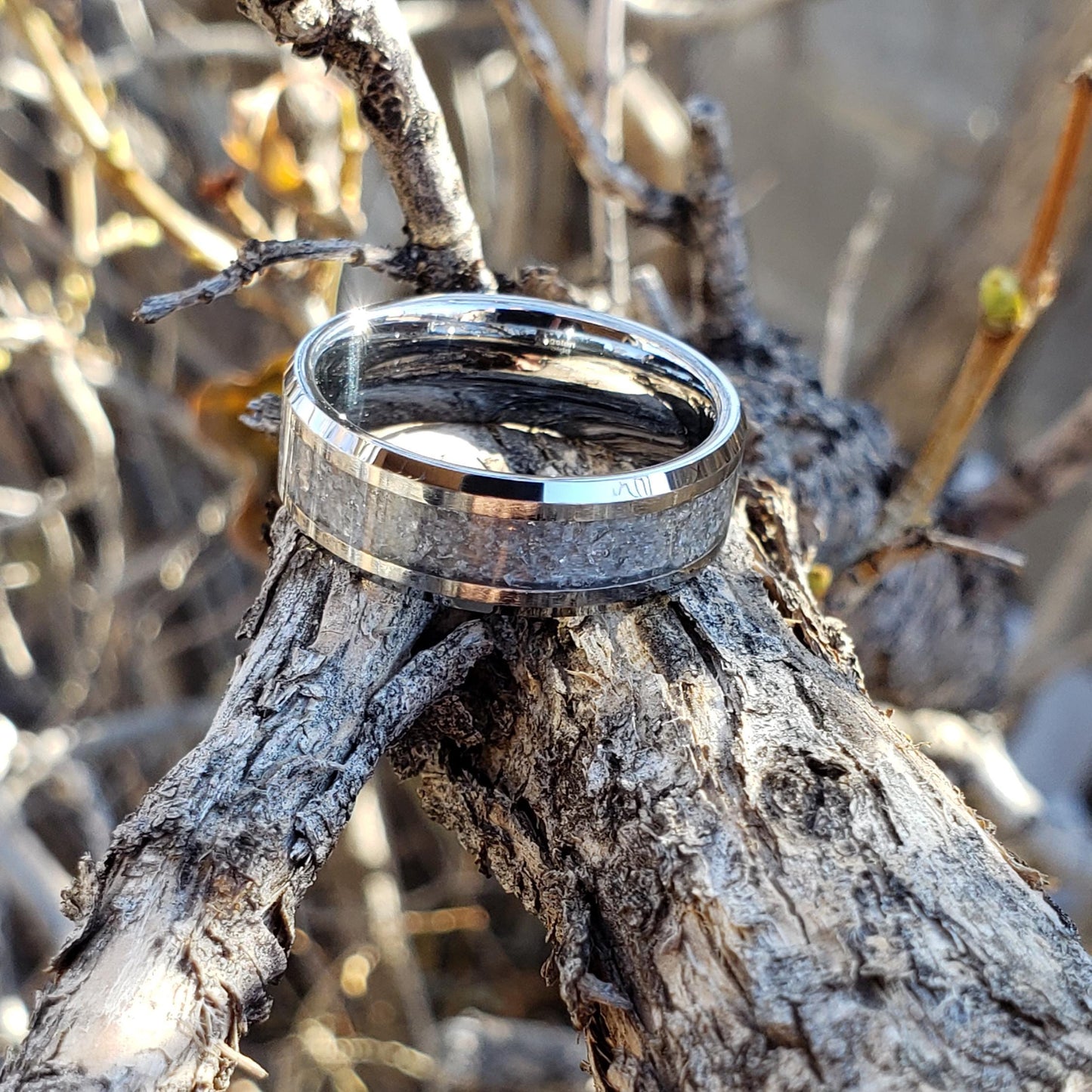 Snowflakes Ring - Snow Quartz Crystal Inlay, Tungsten Titanium Ceramic, Men Women, Wedding Ring, His Hers Promise, Engagement Ring, 8mm 6mm