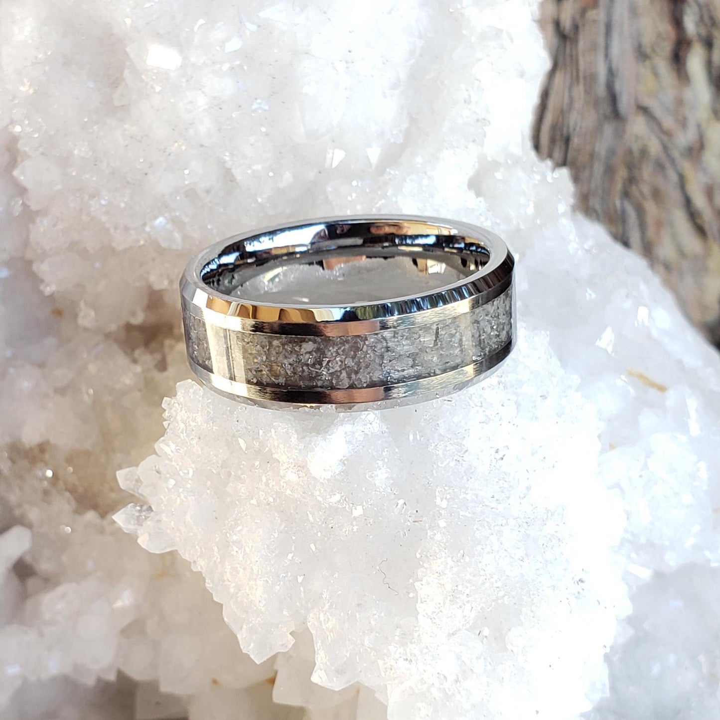 Snowflakes Ring - Snow Quartz Crystal Inlay, Tungsten Titanium Ceramic, Men Women, Wedding Ring, His Hers Promise, Engagement Ring, 8mm 6mm