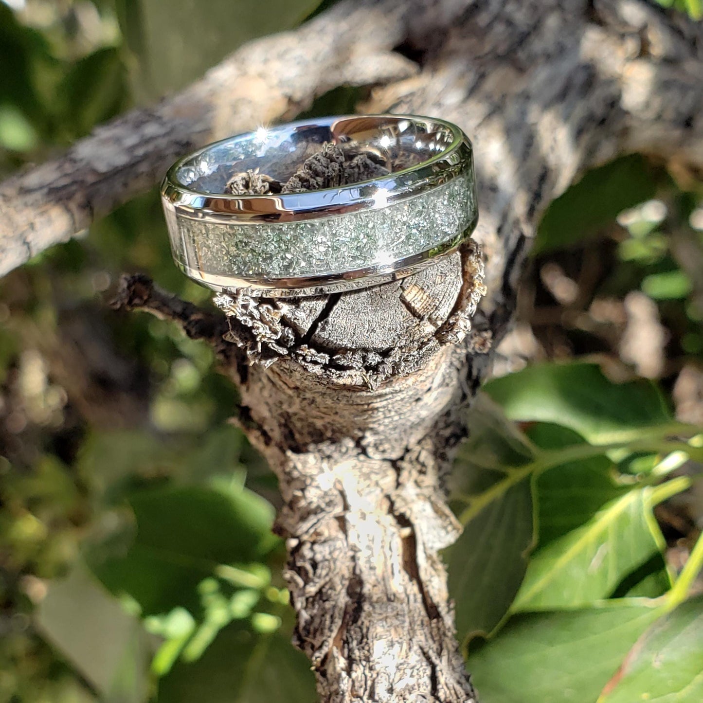 Phantom Ring - Green Phantom Quartz Crystal Inlay, Tungsten Titanium Ceramic, Men Women, Wedding Ring, His Hers Promise, Engagement Ring