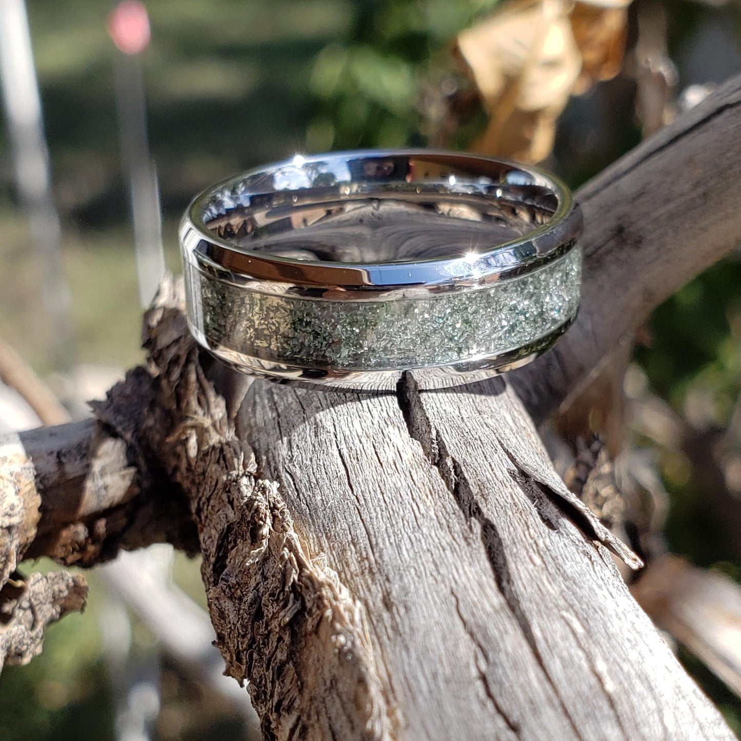 Phantom Ring - Green Phantom Quartz Crystal Inlay, Tungsten Titanium Ceramic, Men Women, Wedding Ring, His Hers Promise, Engagement Ring