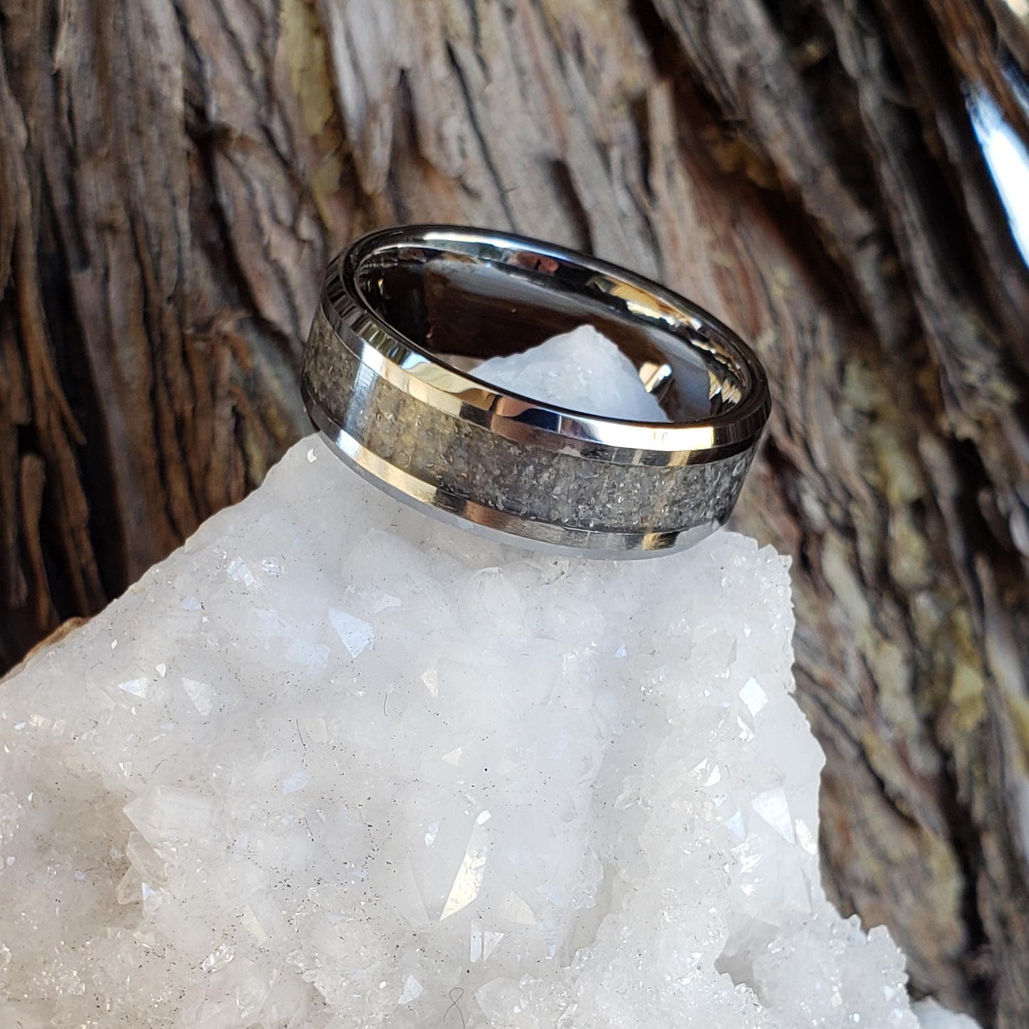 Snowflakes Ring - Snow Quartz Crystal Inlay, Tungsten Titanium Ceramic, Men Women, Wedding Ring, His Hers Promise, Engagement Ring, 8mm 6mm