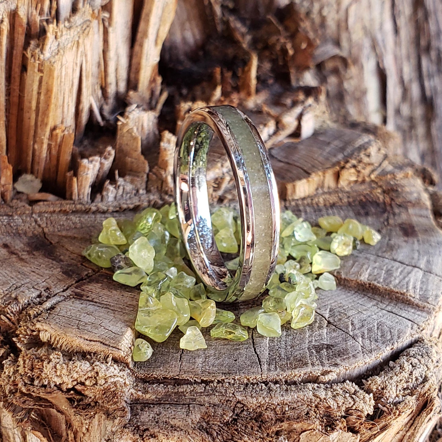 Sun Gem Ring - Peridot Stacking Crystal Inlay, Tungsten Titanium Ceramic, Men Women, Wedding, His Hers Promise, Engagement Ring 4mm