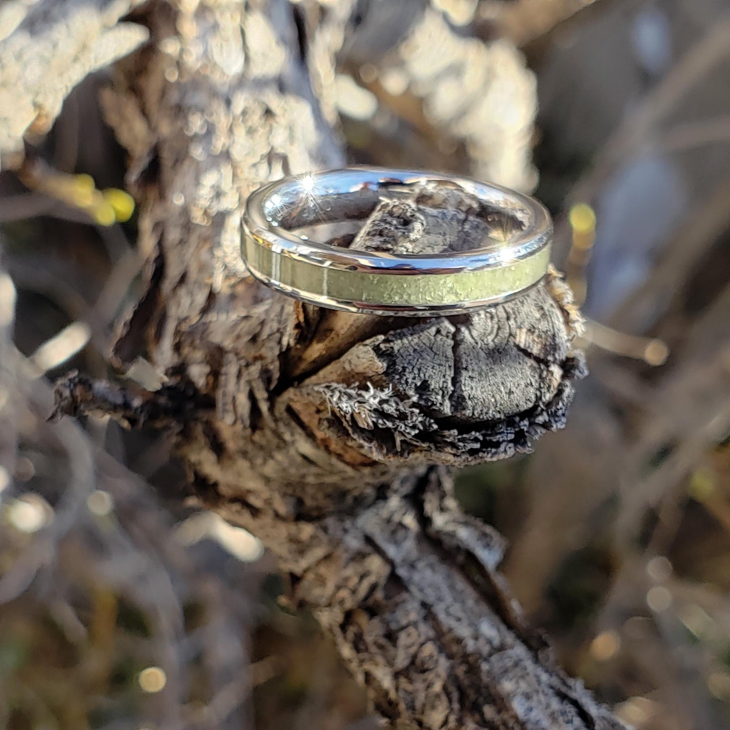 Sun Gem Ring - Peridot Stacking Crystal Inlay, Tungsten Titanium Ceramic, Men Women, Wedding, His Hers Promise, Engagement Ring 4mm