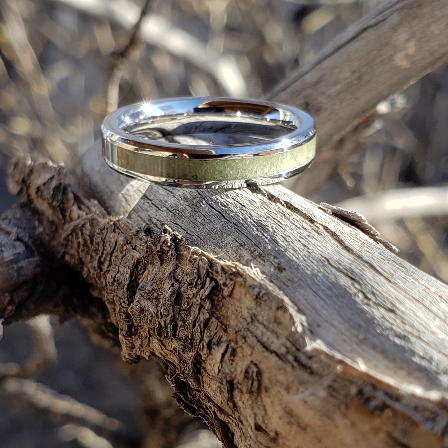 Sun Gem Ring - Peridot Stacking Crystal Inlay, Tungsten Titanium Ceramic, Men Women, Wedding, His Hers Promise, Engagement Ring 4mm